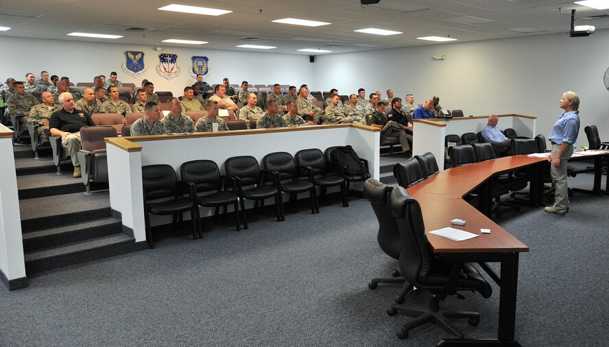 Special Agent Selena DeVantier leads a discussion May 29 about the FBI’s role in the Local Incident Response Plan during the LIRP conference at Malmstrom Air Force Base, Montana. (U.S. Air Force photo / John Turner)