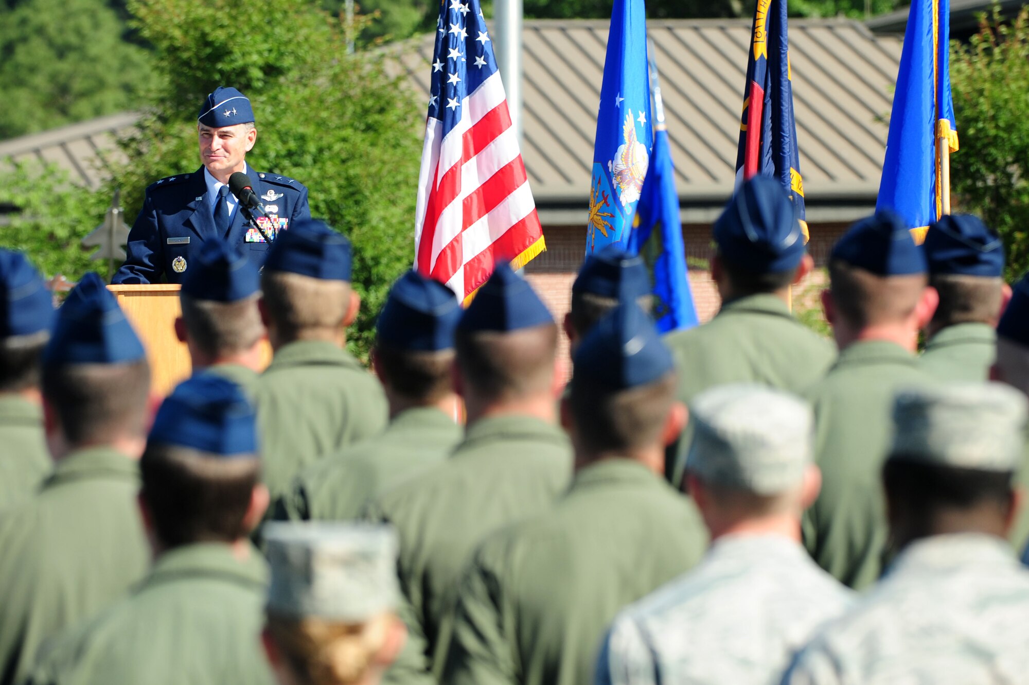 Maj. Gen. H.D. Polumbo, Jr., Ninth Air Force commander, speaks during the 4th Fighter Wing change of command ceremony, June 2, 2014, at Seymour Johnson Air Force Base, North Carolina. Polumbo presided over the ceremony where Col. Jeannie Leavitt relinquished command to Col. Mark Slocum. (U.S. Air Force photo/Senior Airman John Nieves Camacho)