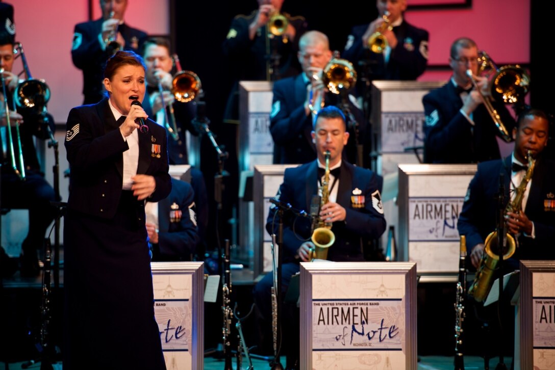 A shot of Airmen of Note vocalist Technical Sgt. Paige Martin and the Airmen of Note at the broadcast taping of "D-Day at 70: A Salute to the Greatest Generation." The show that also features guest artist Bobby Caldwell will air on June 6 at 9:30 pm (U.S. Air Force photo by SMSgt Kevin Burns/released)
