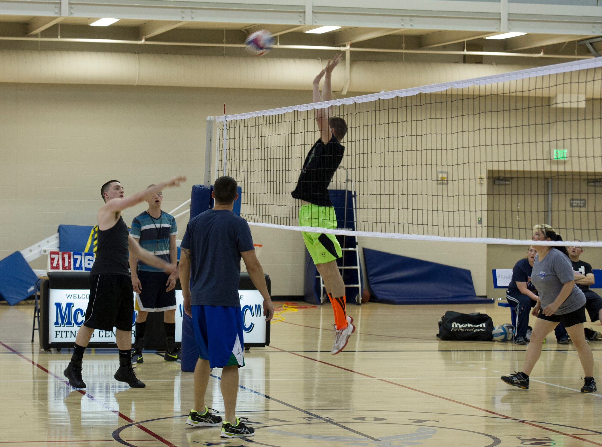 The 91st Missile Maintenance Squadron played the 5th Logistics Readiness Squadron during the intramural volleyball championship game May 28 at Macadoo Fitness Center located at Minot Air Force Base, N.D. Following the two game championship series, the 91st Missile Maintenance Squadron brought home the championship trophy after winning two games in a row. (U.S. Air Force photo/Senior Airman Andrew Crawford)