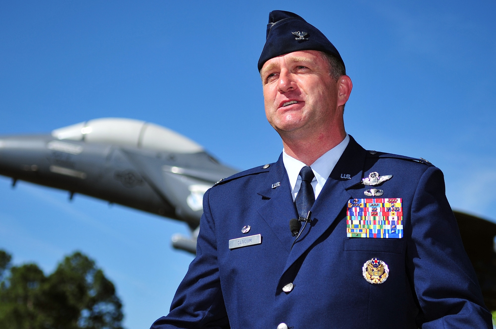 Col. Mark Slocum, 4th Fighter Wing commander, speaks during a press conference following the 4th FW change of command ceremony, June 2, 2014, at Seymour Johnson Air Force Base, North Carolina. Slocum was assigned to Seymour Johnson twice before and has logged more than 2600 flight hours during his career, including 925 combat hours and 252 combat sorties. (U.S. Air Force photo/Airman 1st Class Shawna L. Keyes)