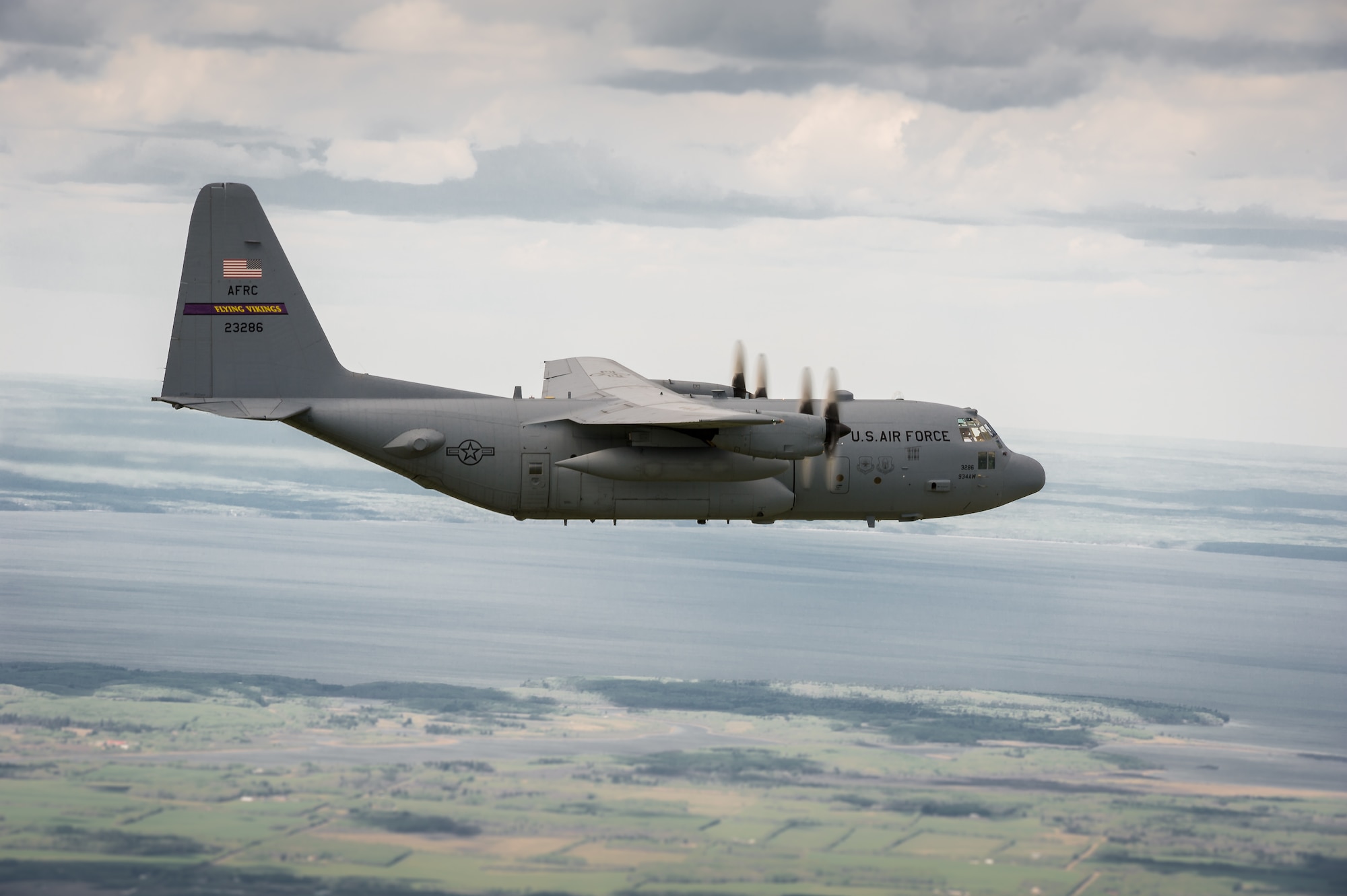 A U.S. Air Force C-130 Hercules aircraft with the 934th Airlift Wing, Minneapolis-St Paul Air Reserve Station, Minn., flies a simulated combat sortie during Maple Flag 47 in Edmonton/Cold Lake, Alberta, Canada, May 30, 2014. Maple Flag is an international exercise designed to enhance the interoperability of C-130 aircrews, maintainers and support specialists in a simulated combat environment. (U.S. Air Force photo by Master Sgt. John R. Nimmo, Sr./Released)
