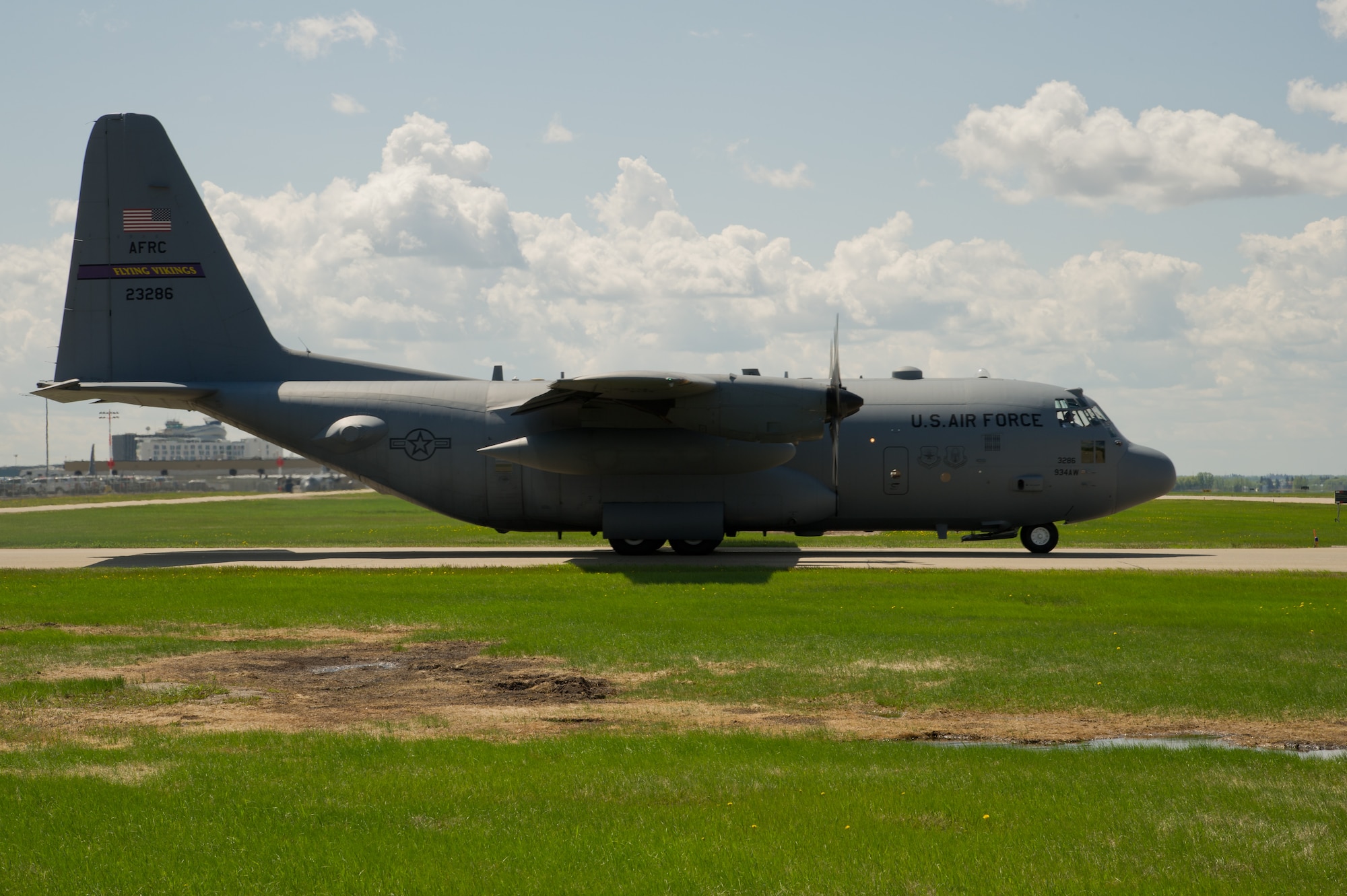 A U.S. Air Force C-130H Hercules aircraft from the 934th Airlift Wing, Minneapolis Air Reserve Station, Minn., taxis on the taxiway during Maple Flag 47 in Edmonton/Cold Lake, Alberta, Canada, May 30, 2014. Maple Flag is an international exercise designed to enhance the interoperability of C-130 aircrews, maintainers and support specialists in a simulated combat environment. (U.S. Air Force photo by Tech. Sgt. Matthew Smith/Released)