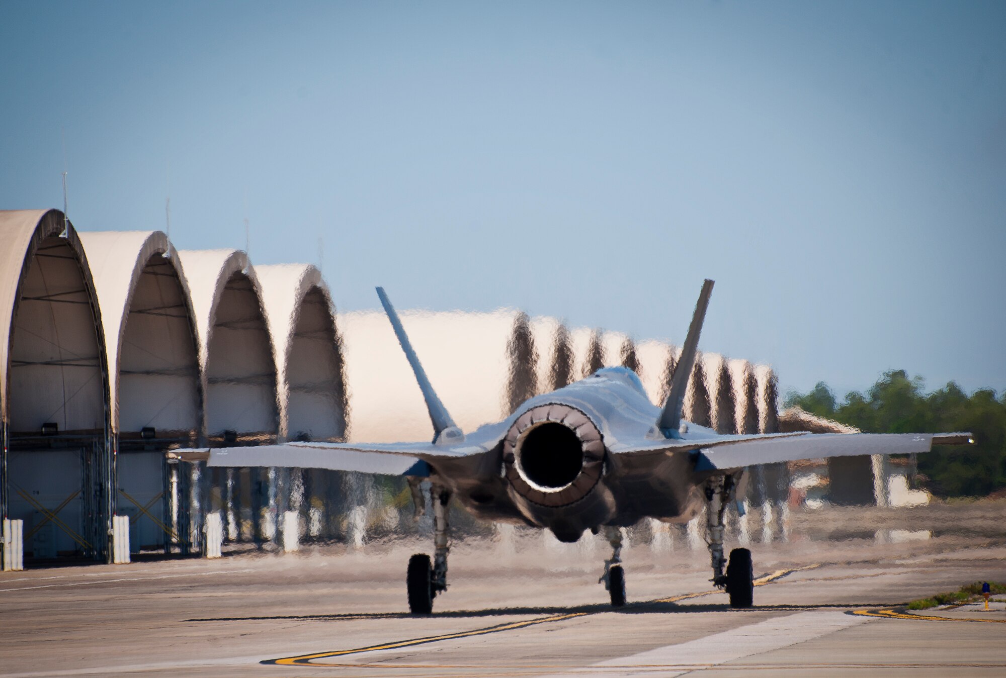 An F-35 Lightning II rolls down the 33rd Fighter Wing flightline toward the runway for another sortie at Eglin Air Force Base, Fla.  (U.S. Air Force photo/Samuel King Jr.)