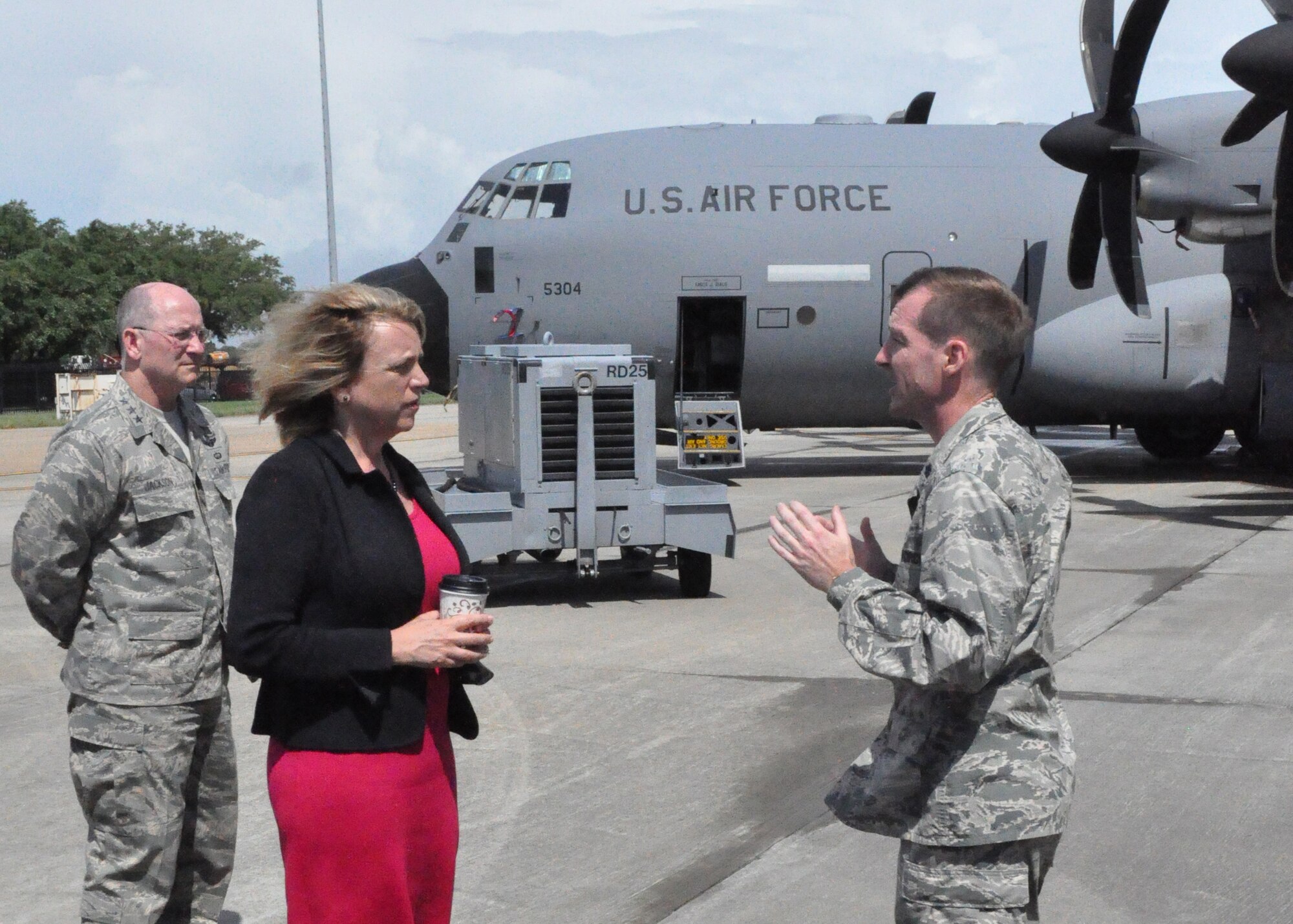 Lt. Col. Edward Segura, the 403rd Maintenance Group
commander, briefs Secretary of the Air Force Deborah Lee James on the
403rd Maintenance mission during her visit to Keesler Air Force Base,
Mississippi, May 29-30, 2014. She was accompanied by Lt. Gen. James F.
Jackson, Air Force Reserve Command commander. The 403rd Wing is the only Air
Force Reserve unit in Mississippi. (U.S. Air Force photo/Master Sgt. Brian
Lamar)
