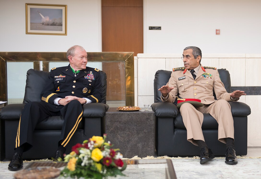 U.S. Army Gen. Martin E. Dempsey, chairman of the Joint Chiefs of Staff, meets with Lt. Gen. Abdulrahman Al-Banyan, deputy chief of the general staff, at the Saudi Arabian Air Force Institute in Jeddah, Saudi Arabia, June 2, 2014.