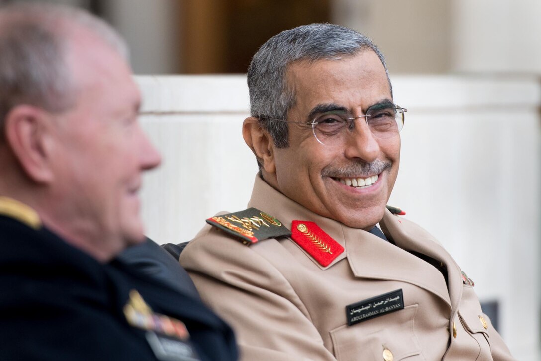 U.S. Army Gen. Martin E. Dempsey, chairman of the Joint Chiefs of Staff, meets with Saudi Lt. Gen. Abdulrahman Al-Banyan, deputy chief of the general staff, at the Saudi Arabian Air Force Institute in Jeddah, Saudi Arabia, June 2, 2014.