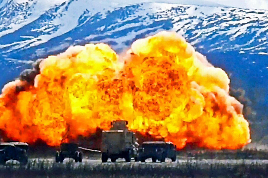 Soldiers detonate a mine-clearing line charge at Donnelly Training Area on Joint Base Elmendorf-Richardson, Alaska, May 25, 2012. The soldiers are assigned to the 84th Engineer Support Company and the 23rd Engineer Company.  
