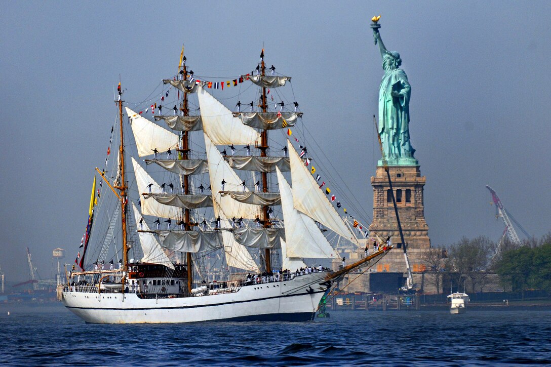 The Ecuadorian navy sail training ship BAE Guayas sails past the Statue of Liberty to participate in Fleet Week 2012 in New York, May 23, 2012. The event, which marks the 25th year the city has celebrated the nation's sea services, coincides with the commemoration of the Bicentennial of the War of 1812. More than 6,000 service members from the Navy, Marine Corps, Coast Guard and coalition ships from around the world will participate.  
