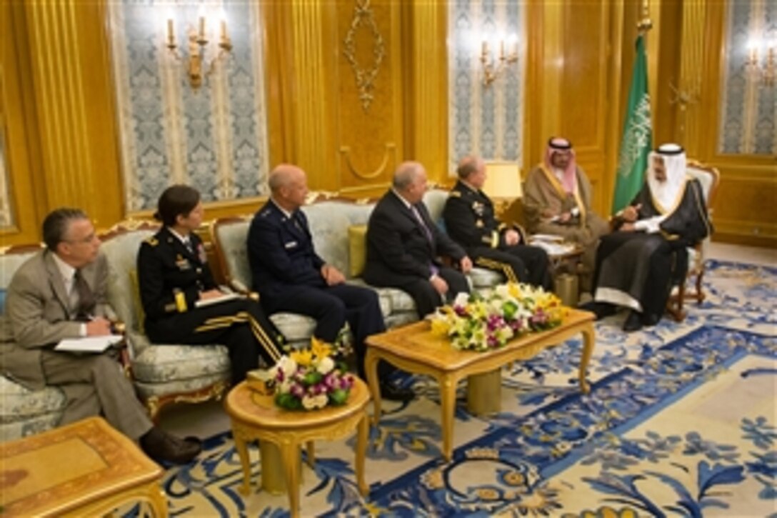 U.S. Army Gen. Martin E. Dempsey, chairman of the Joint Chiefs of Staff, meets with Saudi Crown Prince Salman bin Abdulaziz Al Saud at the Royal Court in Jeddah, Saudi Arabia, June 2, 2014. Both leaders discussed matters of mutual concern. 