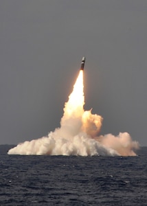 ATLANTIC OCEAN (June 2, 2014) A trident II D-5 ballistic missile is launched from the Ohio-class ballistic missile submarine USS West Virginia (SSBN 736) during a missile test at the Atlantic Missile Range. The test flights were part of a demonstration and shakedown operation, which the Navy uses to certify a submarine for deployment after a major overhaul. The missiles were converted into test configurations with kits containing range safety devices and flight telemetry instrumentation. The U.S. Navy supports U.S. Strategic Command&#039;s strategic deterrence missions by operating and maintaining Ohio-class ballistic missile submarines to deter regional and strategic threats. The triad, the U.S. strategic nuclear forces of ICBMs, bombers, and ballistic missile submarines, remains the primary deterrent of nuclear attacks against the U.S., our allies, and partners. (U.S. Navy photo/Released)