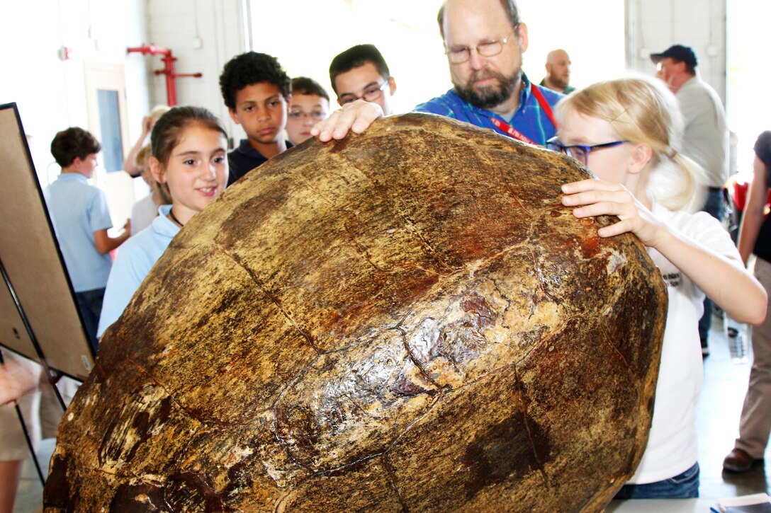 Students had a great time examining a sea turtle shell when they came to Folly Beach to learn about the renourishment project. Students learned about the engineering aspects as well as the environmental aspects of the project, such as protecting sea turtles.