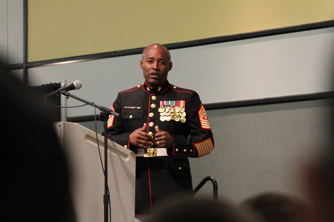 U.S. Marine Corps Sgt. Maj. Mark A. Byrd Sr., a Pontiac, Mich., native and the sergeant major of Marine Corps Base Quantico, speaks about his enlistment and the things to come in order to guide the future members of the armed services who were being recognized for their commitment to enlist directly out of high school at the Our Community Salutes’ Northern Virginia Chapter recognition ceremony at George Mason University in Fairfax, Va., May 29, 2014. Our Community Salutes’ Northern Virginia Chapter is an all-volunteer organization that recognizes young men and women who have chosen to join the military immediately following high school graduation. Our Community Salutes started in New Jersey in 2009 and has since spread throughout the country. (U.S. Marine Corps photo by Sgt. Amber Williams/Released)