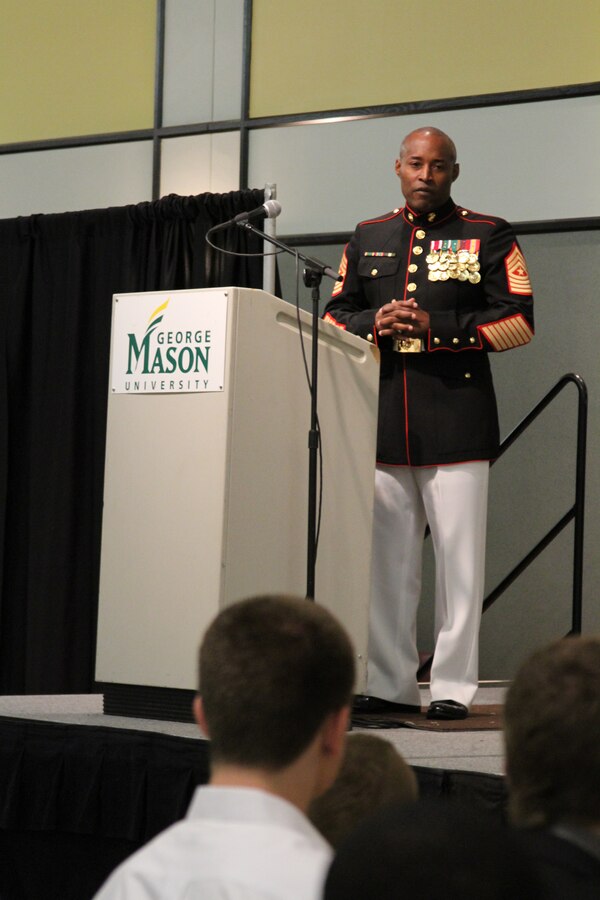 U.S. Marine Corps Sgt. Maj. Mark A. Byrd Sr., a Pontiac, Mich., native and the sergeant major of Marine Corps Base Quantico, speaks about his enlistment and the things to come in order to guide the future members of the armed services who were being recognized for their commitment to enlist directly out of high school at the Our Community Salutes’ Northern Virginia Chapter recognition ceremony at George Mason University in Fairfax, Va., May 29, 2014. Our Community Salutes’ Northern Virginia Chapter is an all-volunteer organization that recognizes young men and women who have chosen to join the military immediately following high school graduation. Our Community Salutes started in New Jersey in 2009 and has since spread throughout the country. (U.S. Marine Corps photo by Sgt. Amber Williams/Released)