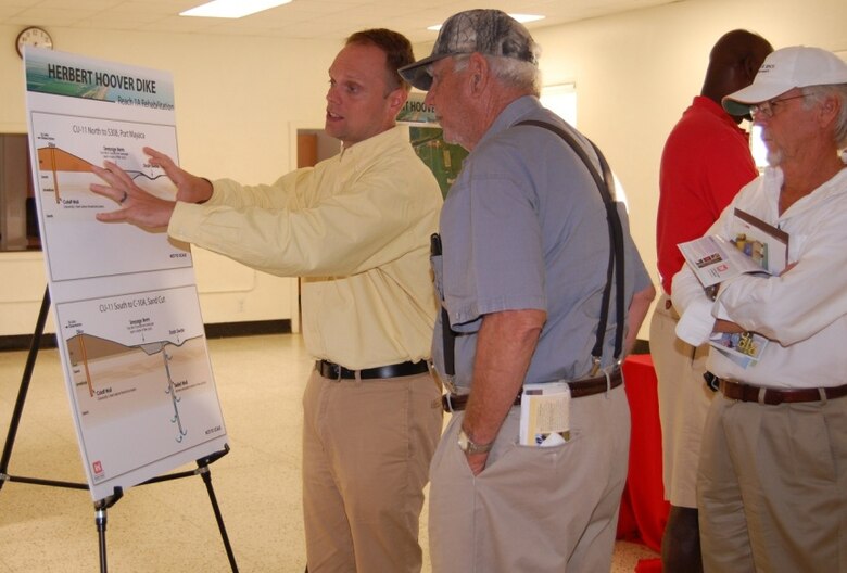 Mike Rogalski, left, speaks to Pahokee and nearby community residents about the proposed Herbert Hoover Dike landside design during a public meeting. At the time, Rogalski served as the Herbert Hoover Dike project manager.