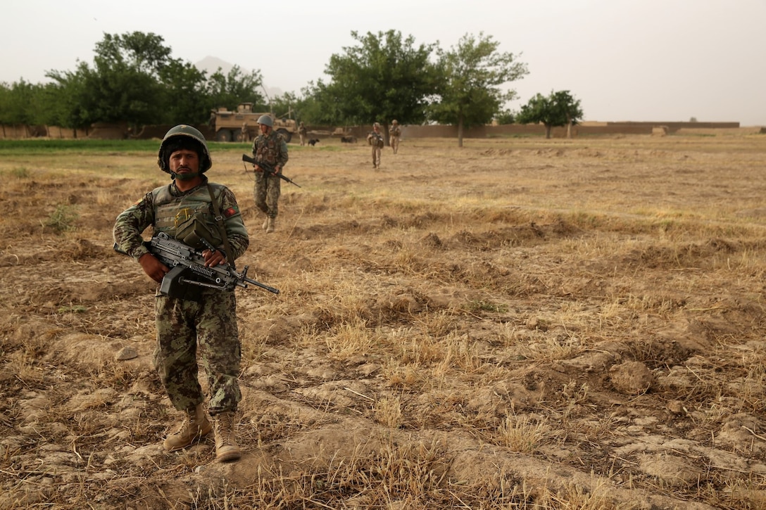 Afghan National Army soldiers conduct a partnered patrol with Marines from Bravo Company, 1st Battalion, 7th Marine Regiment, during a mission in Helmand province, Afghanistan, May 15, 2014. The company operated in Larr Village for two days to establish a presence and to disrupt enemy fighters. Throughout the mission the infantrymen conducted several patrols within the village and discovered hazardous materials which could be used to create improvised explosive devices.