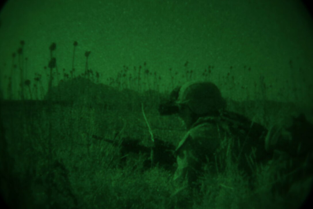Seaman Matthew Cappella, corpsman, Bravo Company, 1st Battalion, 7th Marine Regiment, and a native of Milltown, New Jersey, provides security from a field during a mission in Helmand province, Afghanistan, May 15, 2014. The company operated in Larr Village for two days to establish a presence and to disrupt enemy fighters. Throughout the mission the infantrymen conducted several patrols within the village and discovered hazardous materials which could be used to create improvised explosive devices.