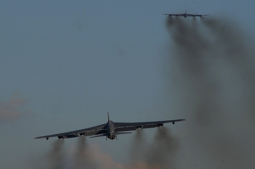 Two B-52H Stratofortress bombers assigned to U.S. Strategic Command depart Barksdale Air Force Base, La., June 3, 2014 for a short-term deployment to the U.S. European Command area of operations. U.S. Strategic Command routinely conducts training missions in support of geographic combatant commands.