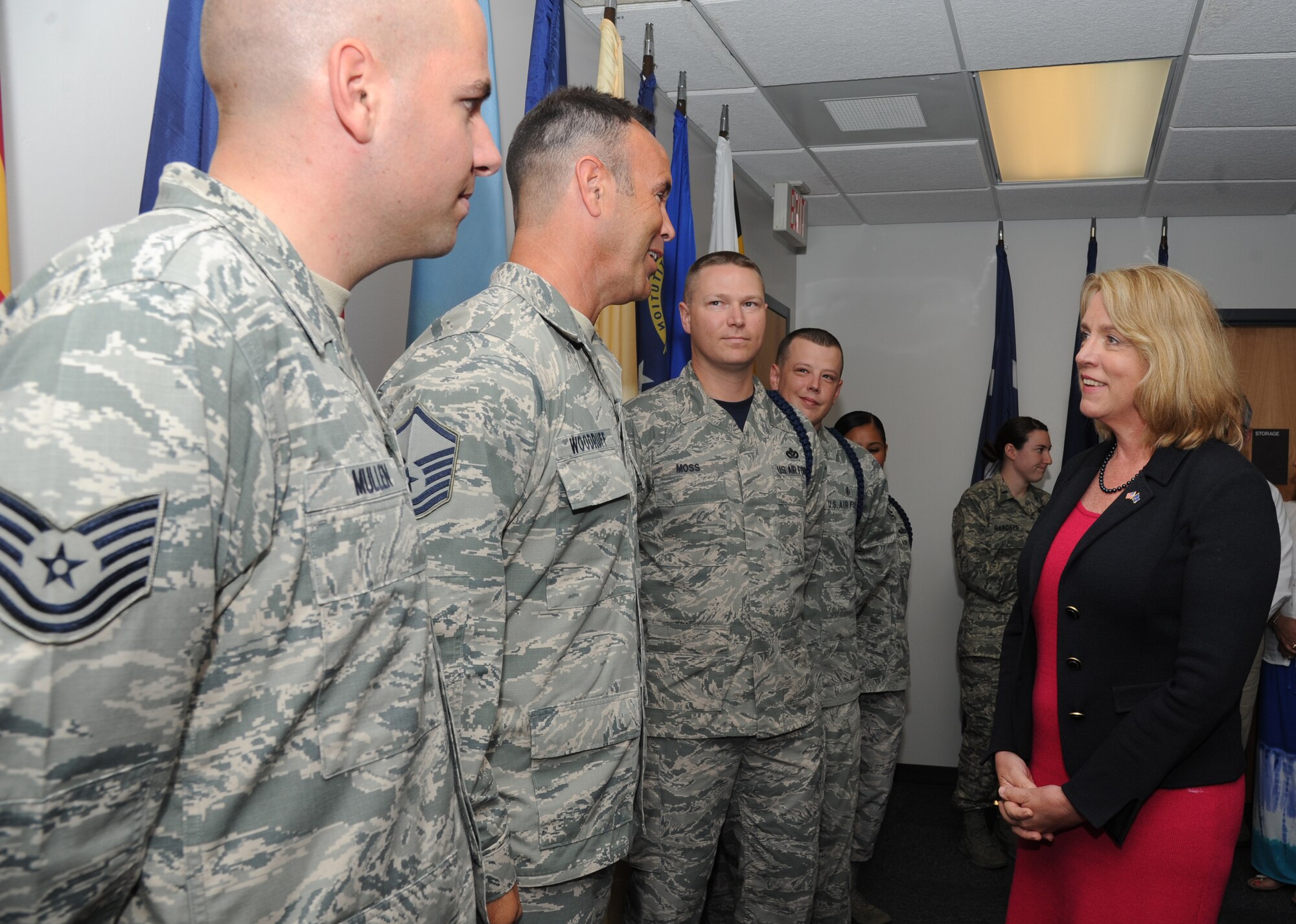Secretary of the Air Force Deborah Lee James speaks to base personnel during an All Call at the dual bay hangar at Keesler Air Force Base, Miss. following a base orientation visit May 30, 2014. James also toured the Levitow Training Support Facility and the 403rd Wing. (U.S. Air Force photo by Kemberly Groue)