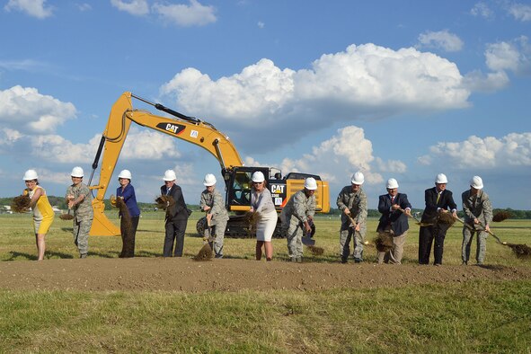 DAYTON, Ohio -- A ceremonial groundbreaking event for the new 224,000 square foot fourth building was held on June 3, 2014, at the National Museum of the U.S. Air Force. (left to right) Amanda Wright Lane, great-grandniece of Orville and Wilbur Wright; Col. Cassie B. Barlow, Commander of 88th Air Base Wing; Fran Duntz, Chairman of the Air Force Museum Foundation Board of Managers; Lt. Gen. (Ret.) Jack Hudson, Director of the National Museum of the U.S. Air Force; Gen. Janet Wolfenbarger, Commander of Air Force Materiel Command; Deborah Lee James, Secretary of the Air Force; Gen. Larry Spencer, Vice Chief of Staff of the Air Force; Lt. Gen. Stephen L. Hoog, Assistant Vice Chief of Staff of the U.S. Air Force; David Dale, Director of Program, U.S. Army Corps of Engineers; Kyle E. Rooney, Vice President and General Manager of Turner Construction Co. (Columbus); and Chief Master Sgt. Michael J. Warner, Command Chief for Air Force Materiel Command. (U.S. Air Force photo by Ken LaRock)

