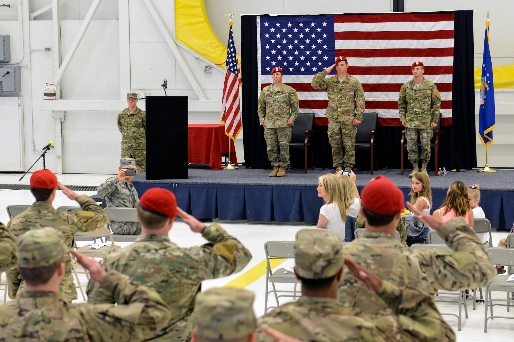 The men and women of the 22nd Special Tactics Squadron render their first salute to Lt. Col. Michael Evancic, incoming 22nd STS commander, during the change of command ceremony, June 3, 2014, at Joint Base Lewis-McChord, Wash. Evancic took command of the 22nd STS from Col. Thad Allen. (U.S. Air Force photo/Staff Sgt. Russ Jackson)