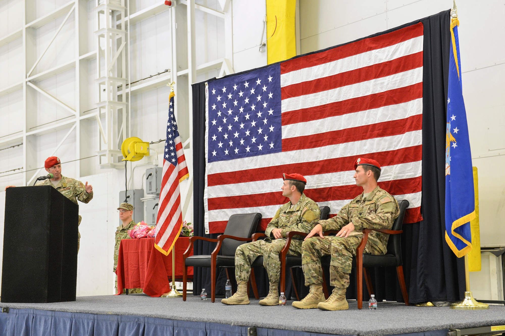 Col. Kurt Buller (left), 720th Special Tactics Group commander, explains to Lt. Col. Michael Evancic, incoming 22nd Special Tactics Squadron commander, why he specifically chose him to be the new commander for the squadron during the change of command ceremony, June 3, 2014, at Joint Base Lewis-McChord, Wash. Prior to taking command of the 22nd STS, Evancic was the director of operations for the squadron from May 2008 through June 2011. (U.S. Air Force photo/Staff Sgt. Russ Jackson)