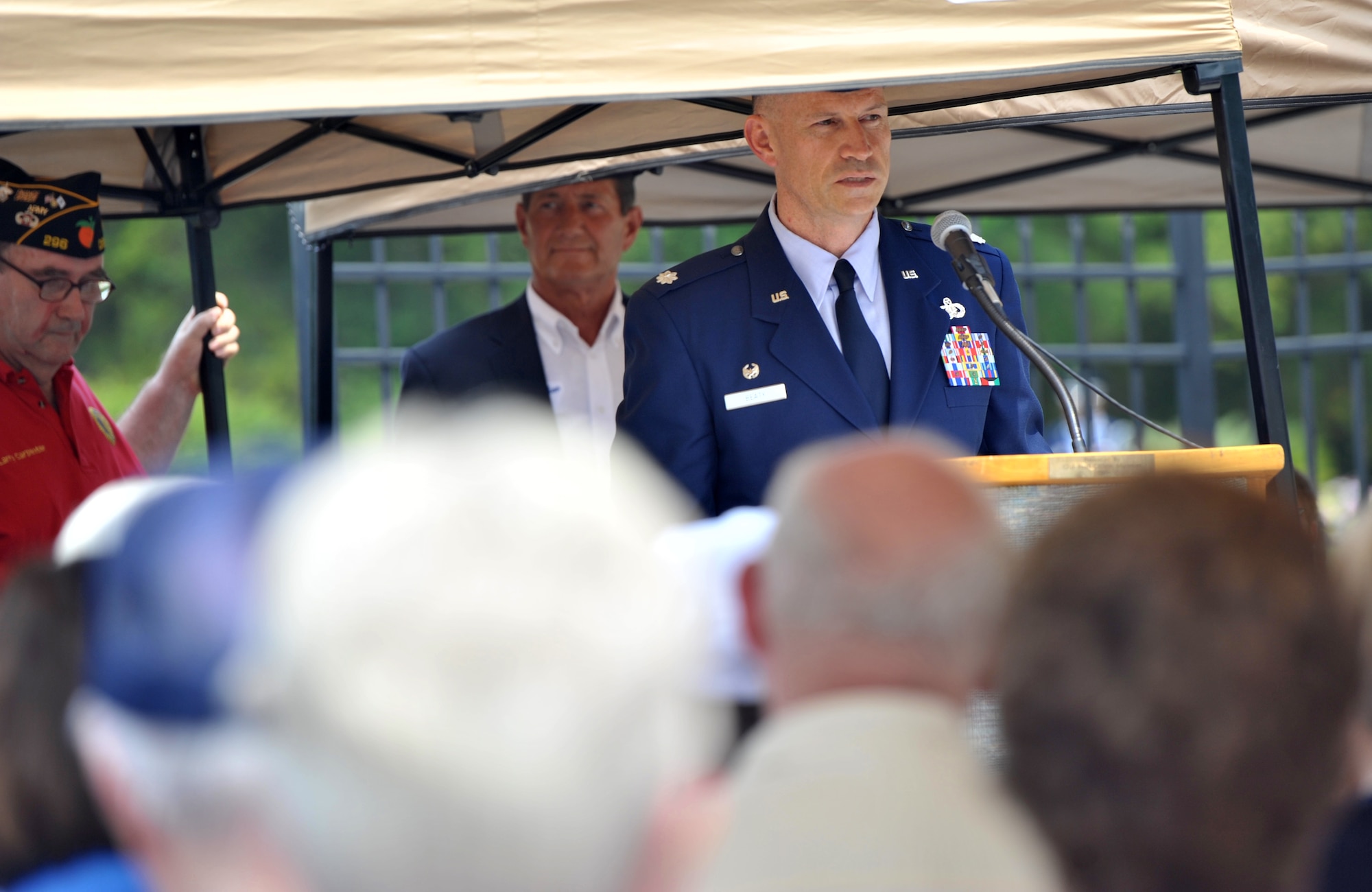 Lt. Col. James Beaty, 1st Special Operations Force Support Squadron commander, speaks to locals and service members during American Legion Memorial Day Ceremony at the Destin Memorial Cemetery, Destin, Fla., May 26, 2014. Beaty thanked the attendees for remembering the nation’s heritage and the heroes of the past who fought for the U.S.’s freedom. (U.S. Air Force photo/Senior Airman Kentavist P. Brackin)