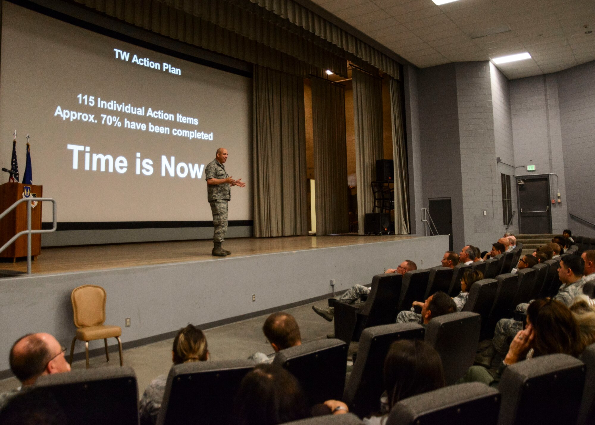 Brig. Gen. Michael T. Brewer, 412th Test Wing commander, held three Commanders Calls May 29. The briefings addressed current issues Edwards AFB is enduring, including cutbacks to aircraft and positions. (U.S. Air Force photo by Rebecca Amber)