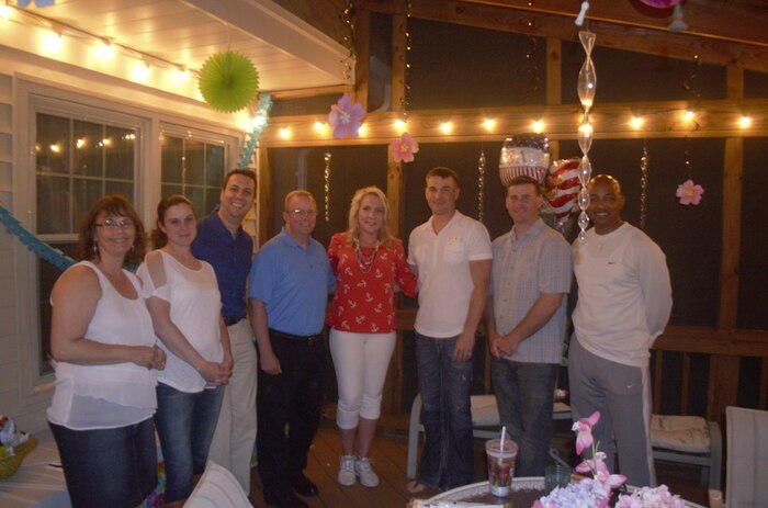 Members of Joint Base Charleston leadership visit Senior Airman Taylor Renfro  (center), With Renfro are (left to right) Lisa Webster, Wounded Warrior Case Manager, Tech. Sgt. Aleisa Ball, AW W2 Patient Liaison, Lt. Col. Luis Otero, 628th Medical Operations Squadron commander, Col. Jeffrey Devore, Joint Base Charleston commander, Senior Airman Renfro, and her husband Senior Airman Nolan Renfro, 628th Civil Engineer Squadron, Chief Master Sgt. Mark Bronson, Joint Base Charleston command chief and Master Sgt. Maurice Allen, AW W2 Patient Liaison. (Courtesy Photo)