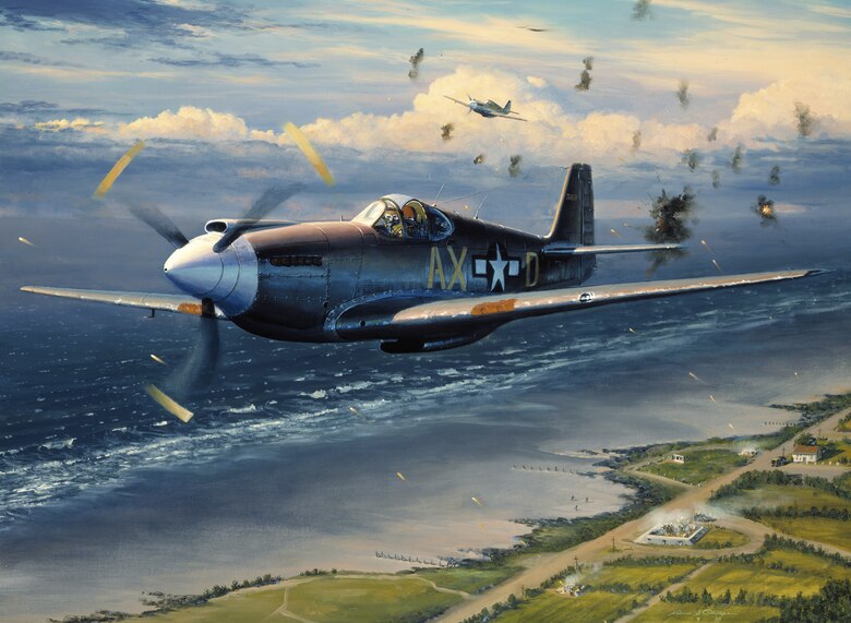 An F-6A, the reconnaissance variant of the P-51 Mustang, is depicted over the coast of France in this National Guard heritage painting by William S. Phillips. The aircraft was operated by the 107th Tactical Reconnaissance Squadron, a Michigan Air National Guard unit which is currently assigned to Selfridge Air National Guard Base, Mich. The 107th flew photo reconnaissance missions over the coast in preparation for the D-Day invasion of June 6, 1944. (National Guard heritage painting)