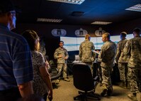 Tech. Sgt. Robert Butler, an active-duty 334th Training Squadron instructor, briefs Northwest Florida civic leaders during a tour of the 81st Training Wing’s air traffic control training school at Keesler Air Force Base, Mississippi. The visit supplemented the tour for a group of Northwest Florida civic leaders to the Air Force Reserve’s 403rd Wing at Keesler. Each year, the 919th Special Operations Wing invites local civic leaders on a tour of other Air Force Reserve units to increase their understanding of the diverse missions accomplished by the Reserve and other Department of Defense organizations.  (U.S. Air Force photo/Tech. Sgt. Jasmin Taylor)