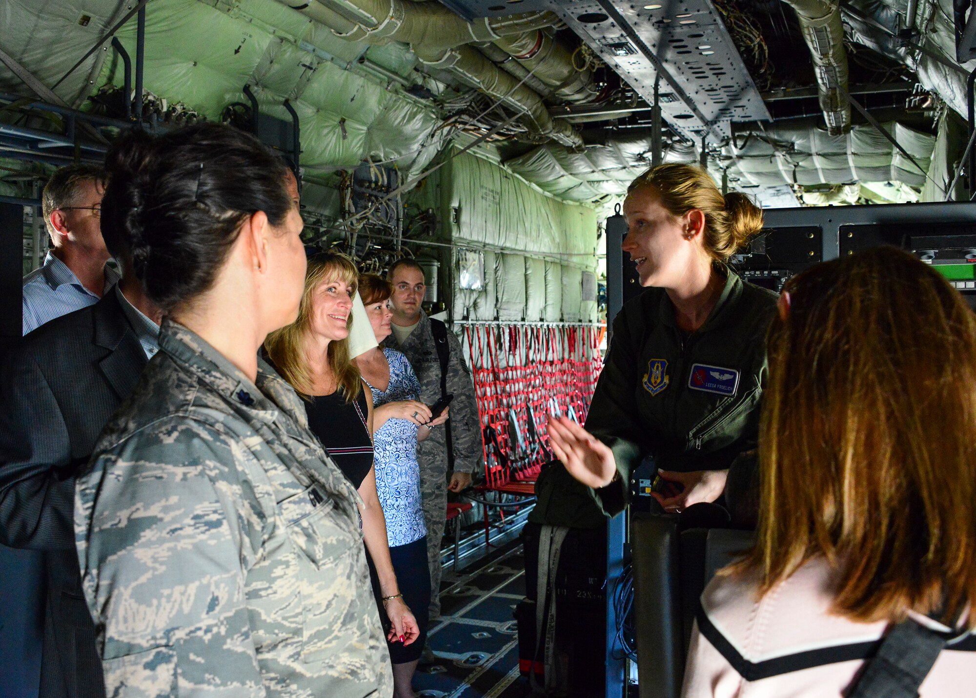 2nd Lt. Leesa Froelich, an airborne meteorologist with the Air Force Reserve’s 403rd Wing, home of the world-famous Hurricane Hunters, responds to questions from Northwest Florida civic leaders at Keesler Air Force Base, Mississippi.  Each year, the 919th Special Operations Wing invites local civic leaders on a tour of other Air Force Reserve units to increase their understanding of the diverse missions accomplished by the Reserve and other Department of Defense organizations.  (U.S. Air Force photo/Tech. Sgt. Jasmin Taylor)
