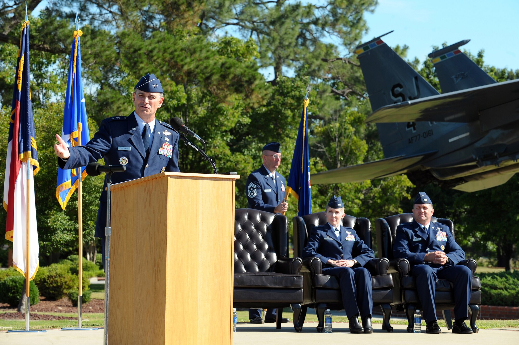 Maj. Gen. H.D.  Polumbo, Jr., Ninth Air Force commander, speaks to Airmen during the 4th Fighter Wing change of command ceremony, June 2, 2014, at Seymour Johnson Air Force Base, North Carolina. Polumbo presided over the ceremony where Col. Jeannie Leavitt relinquished command to Col. Mark
Slocum. (U.S. Air Force photo/Tech. Sgt. Brittany E. Jones)
