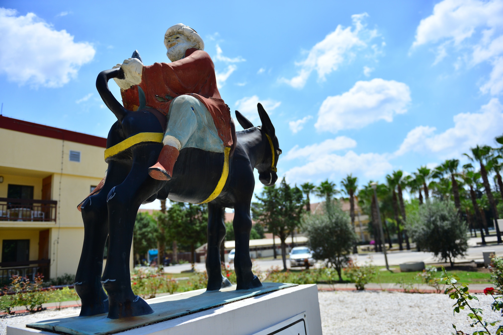 A statue of Nasreddin Hodja sits outside the Hodja Inn June 3, 2014, Incirlik Air Base Turkey. Hodja is symbol of Turkish humor whose stories of teaching and leadership have been passed down through the centuries. (U.S. Air Force photo by Senior Airman Nicole Sikorski/Released) 