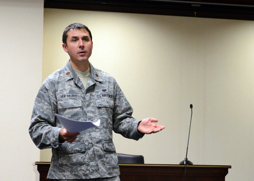 U.S. Air Force Major Jason Van Wagner, 175th Wing Deputy Judge Advocate, trains members of the 31st Wing Judge Advocate office at Aviano Air Base, Italy, May 30, 2014. Nearly 50 members of the Maryland Air National Guard deployed to Italy to train with their active duty counterparts. (National Guard photo by 2nd Lt. Benjamin Hughes/Released) 