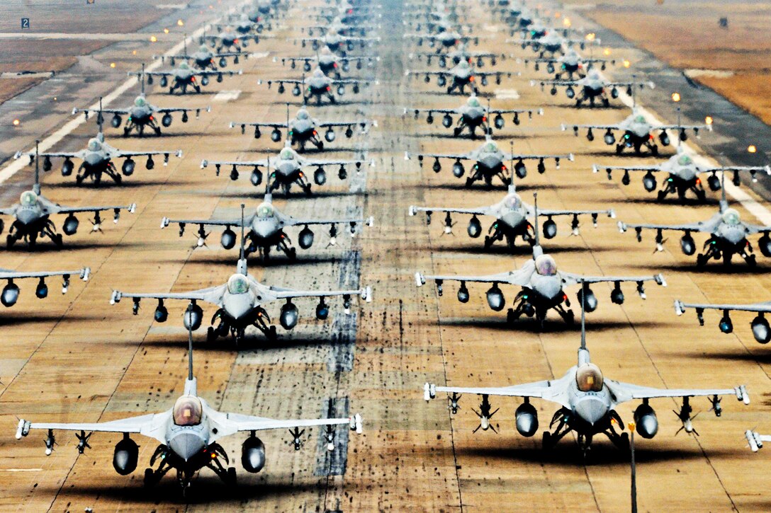 F-16 Fighting Falcons demonstrate an "Elephant Walk" as they taxi down a runway during an exercise on Kunsan Air Base, South Korea, March 2, 2012. The air crews are assigned to the 35th and 80th Fighter Squadrons, the 8th Fighter Wing, Kunsan Air Base; the 421st Expeditionary Fighter Squadron, 388th Fighter Wing, Hill Air Force Base, Utah; the 55th Expeditionary Fighter Squadron, the 20th Fighter Wing, Shaw Air Force Base, S.C.; and the 38th Fighter Group of the South Korean Air Force. 

