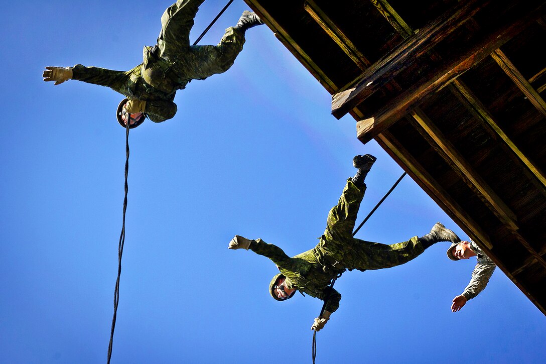 Two Canadian soldiers jump off the side of a rappelling tower with the encouragement of U.S. Army Staff Sgt. Matthew T. Woyansky on Fort Pickett, Va., Feb. 21, 2012. The Canadian soldiers were participating in Southbound Trooper, an annual exercise. Woyansky is an infantry air assault instructor assigned to the 1st Battalion, 183rd Regiment, Regional Training Institute. 
