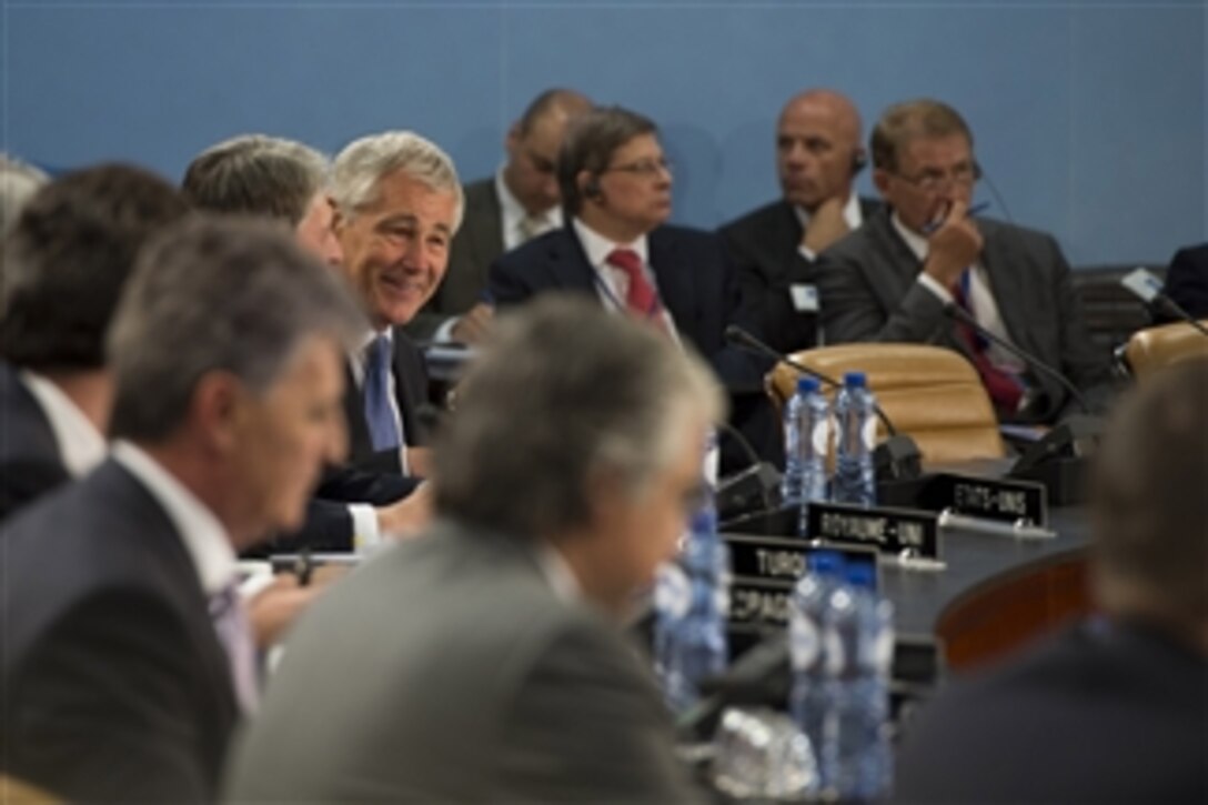 U.S. Defense Secretary Chuck Hagel attends the first session of the North Atlantic Council at NATO headquarters in Brussels, June 3, 2014. 