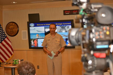 OFFUTT AIR FORCE BASE, Neb. (June 3, 2014) Commander, U.S. Strategic Command (USSTRATCOM) Adm. Cecil D. Haney speaks to members of media outlets during the USSTRATCOM local media day event. Haney hosted a command orientation and offered the opportunity to meet with senior USSTRATCOM leadership. Haney emphasized the importance of executing strategic deterrence and assurance operations through the nuclear triad's three components - intercontinental ballistic missiles, ballistic missile submarines, and nuclear capable heavy bombers. (U.S. Navy photo by Mass Communication Specialist 1st Class Byron C. Linder/Released)
