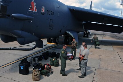 BARKSDALE AIR FORCE BASE, La. (June 3, 2014) Aircraft maintainers and Aircrew perform a pre-flight inspection on one of two B-52H Stratofortress' that will depart on a short-term deployment. B-52s from Barksdale and Minot Air Force Base, N.D., are participating in the deployment and will train and integrate with U.S. and allied military forces in the U.S. European Command area of operations.