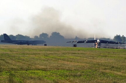 BARKSDALE AIR FORCE BASE, La. (June 3, 2014) Two B-52H Stratofortress bombers assigned to U.S. Strategic Command depart for a short-term deployment to the U.S. European Command area of operations. U.S. Strategic Command routinely conducts training missions in support of geographic combatant commands.