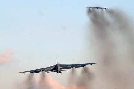 BARKSDALE AIR FORCE BASE, La. (June 3, 2014) Two B-52H Stratofortress bombers assigned to U.S. Strategic Command depart for a short-term deployment to the U.S. European Command area of operations. U.S. Strategic Command routinely conducts training missions in support of geographic combatant commands.