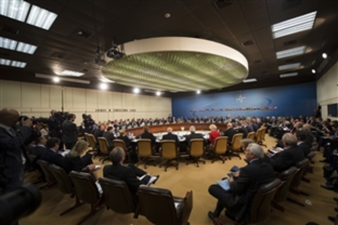U.S. Defense Secretary Chuck Hagel attends the NATO-Ukraine Commission during the North Atlantic Council at NATO headquarters in Brussels, June 3, 2014. 
