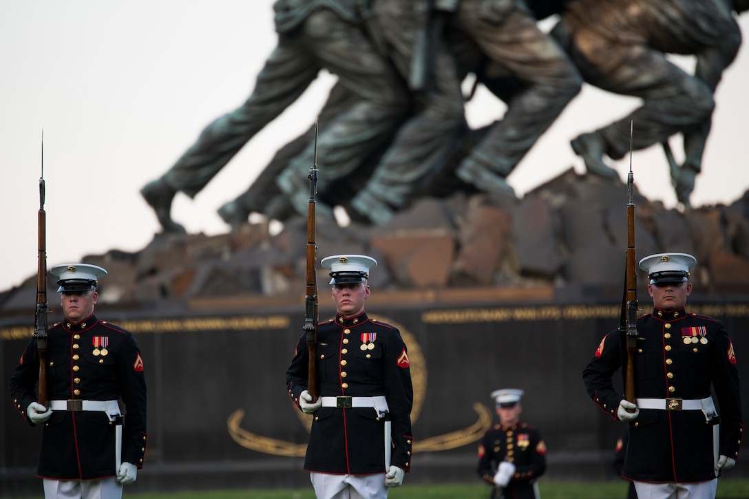 The U.S. Marine Corps Silent Drill Platoon performs during a Tuesday Sunset Parade at the Marine Corps War Memorial in Arlington, Va., June 3, 2014. (Official Marine Corps photo by Cpl. Dan Hosack/Released)