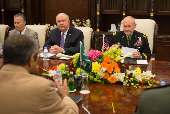 U.S. Ambassador to Saudi Arabia Joseph W. Westphal and Army Gen. Martin E. Dempsey, chairman of the Joint Chiefs of Staff, meet with Saudi Lt. Gen. Abdulrahman Al-Banyan, deputy chief of the general staff, in Jeddah, Saudi Arabia, June 2, 2014.