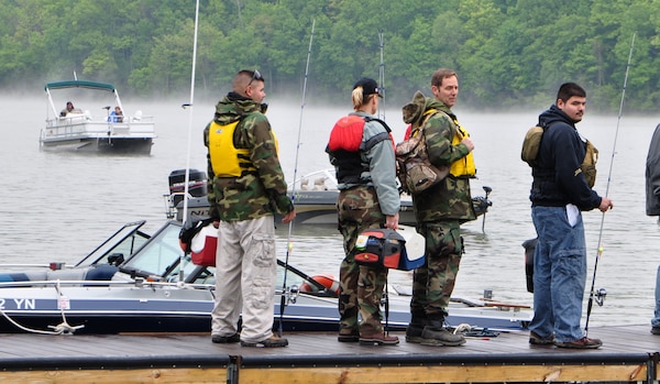 Veterans and volunteers prepare for a day of fishing at Caesar Creek Lake's Take a Warrior Fishing Event, May 17 in Waynesville, Ohio.