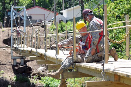 Army Sgts. Brent Hevelka, left, and Jason McKenney, both with the North Dakota Army National Guard's 815th Engineer Company (Horizontal), place handrail supports in place on a new walking bridge across the Sheyenne River in Fort Ransom, N.D., June 4, 2012. Members of the unit are constructing a walking bridge over the river as part of an Innovative Readiness Training project which offers a unique opportunity for Guard members to gain hands-on training while helping communities complete projects that otherwise may not be able to be done.