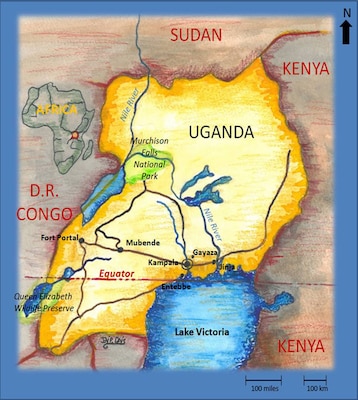 Map of Uganda and the areas where the EWB-NE team constructed rainwater harvesting systems. Uganda’s population is 34.8 million people and it is located in east Africa north of Lake Victoria, one of the sources of the headwaters of the Nile River and the second-largest freshwater lake in the world. Kampala is Uganda’s capitol city and has a population of 1.5 million people.