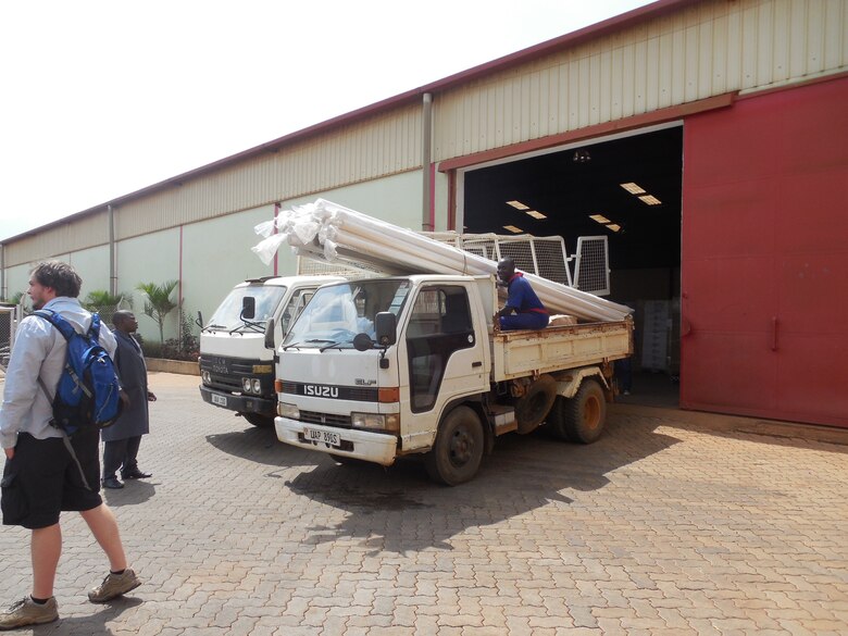 Father Francis, the team’s contact in Uganda, found a small truck to retrieve the supplies. With three people in the truck’s cab and the bed filled with PVC pipe and gutters for the clinic and school, the team was stopped by traffic police three times while traveling to Gayaza and twice between Gayaza and Makinkee. 