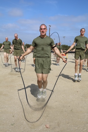 Recruit Julian M. Arrogo,an Sant Antonio, Texas native, Platoon 2163, Hotel Company, 2nd Recruit Training Battalion, jump ropes for 60 seconds during a Circuit Course aboard the Marine Corps Recruit Depot San Diego, May 29. Each exercise was different and physically challenged the recruits in a different way using various muscle groups.